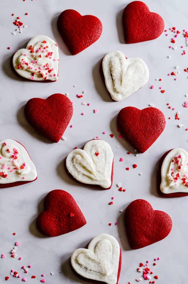 Red Velvet Cut Out Sugar Cookies in heart shape