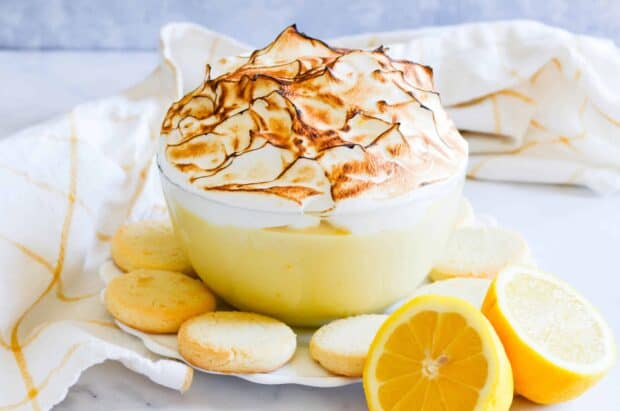 Lemon Meringue Pie in dip form! A creamy, no-cook lemon filling paired with a traditional meringue and torched to to golden brown perfection. Serve with graham crackers, shortbread, or just a spoon. 