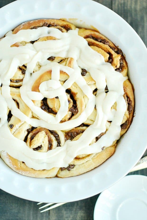 These chocolate chip cinnamon rolls are so soft and sweet they melt in your mouth!