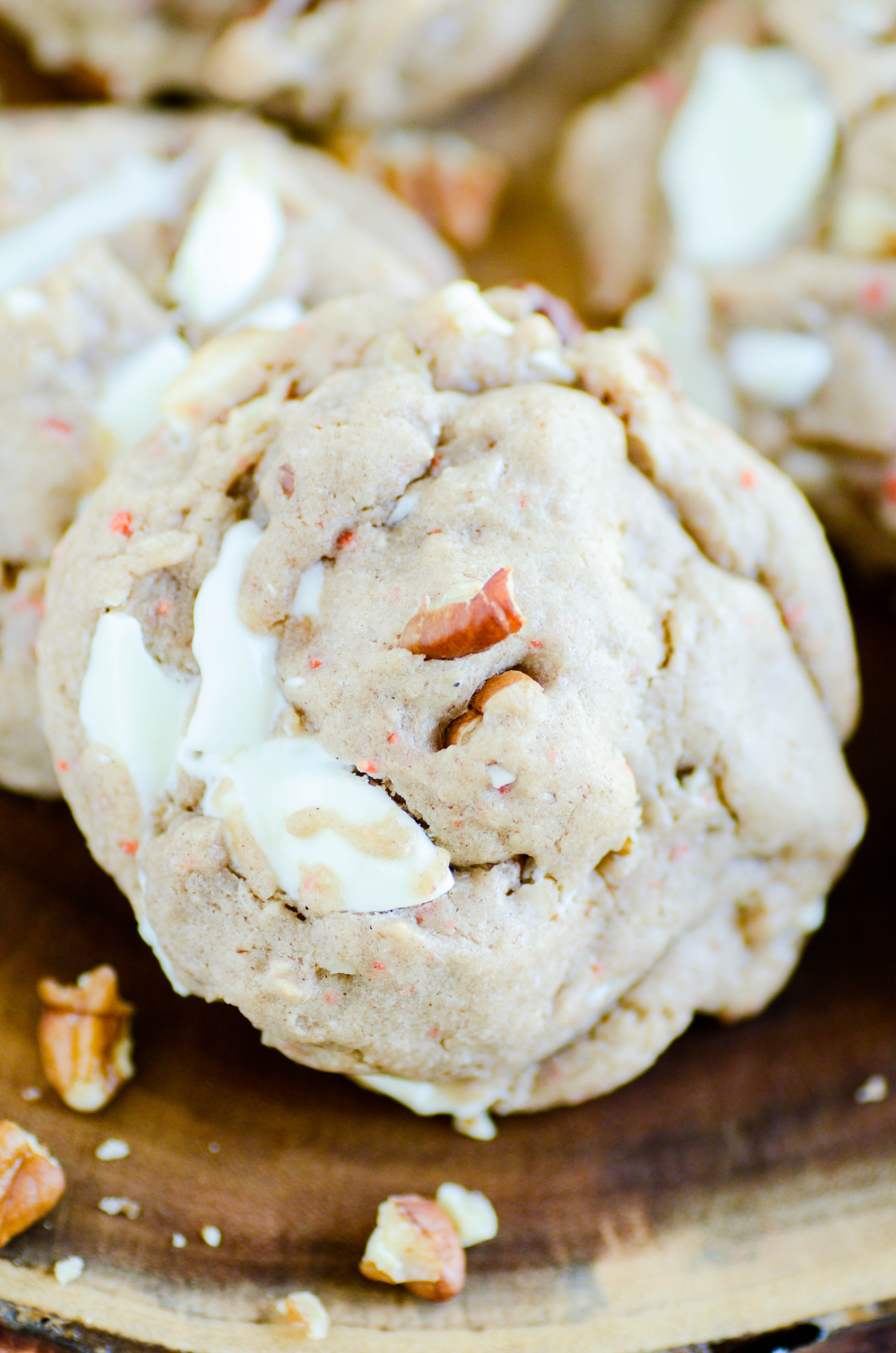 Soft carrot cake cookies loaded with big chunks of melty white chocolate and pecans.