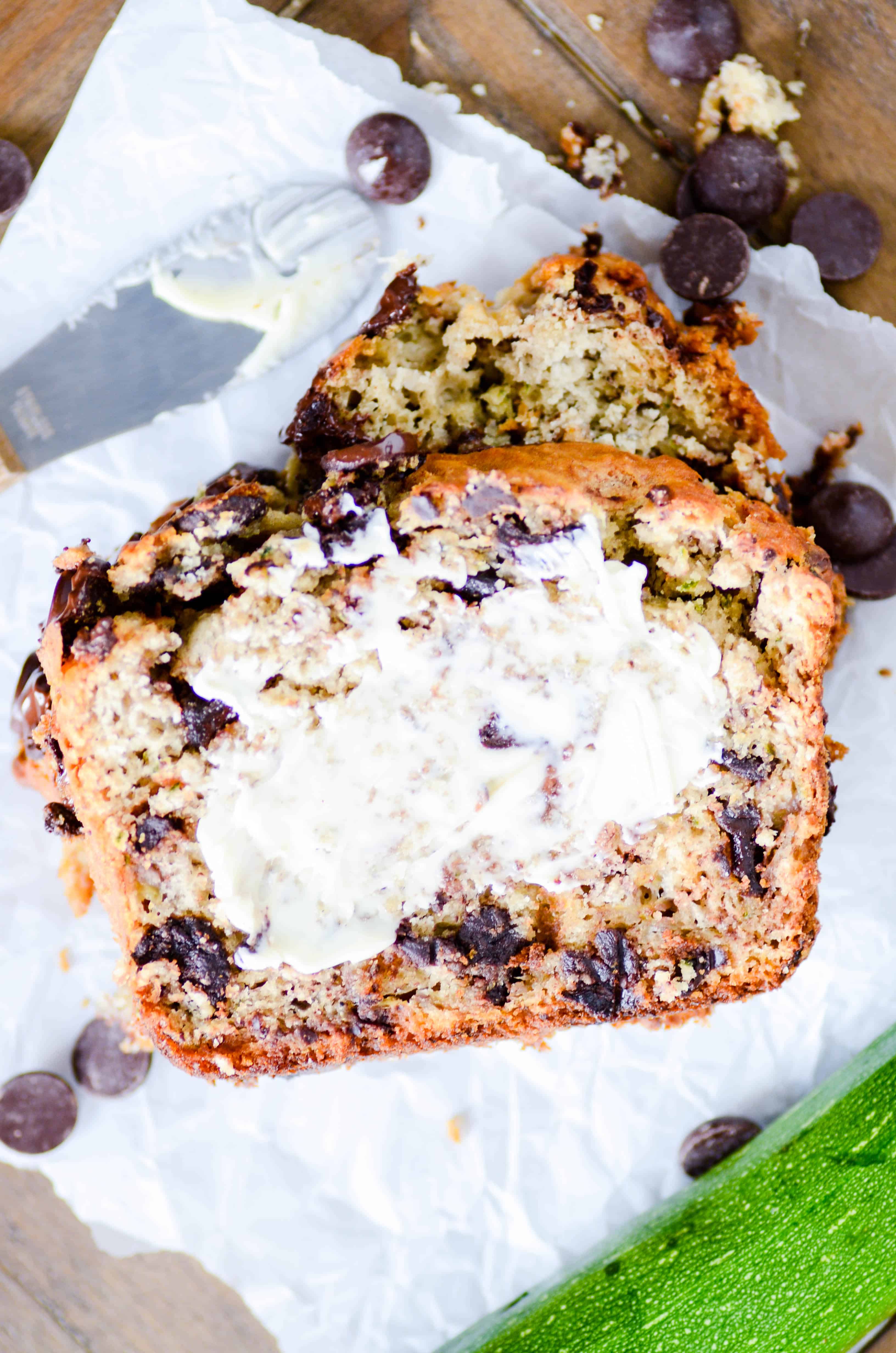 This chocolate chip zucchini bread is devilishly good. You'd never guess that it was full of fruits and veggies!