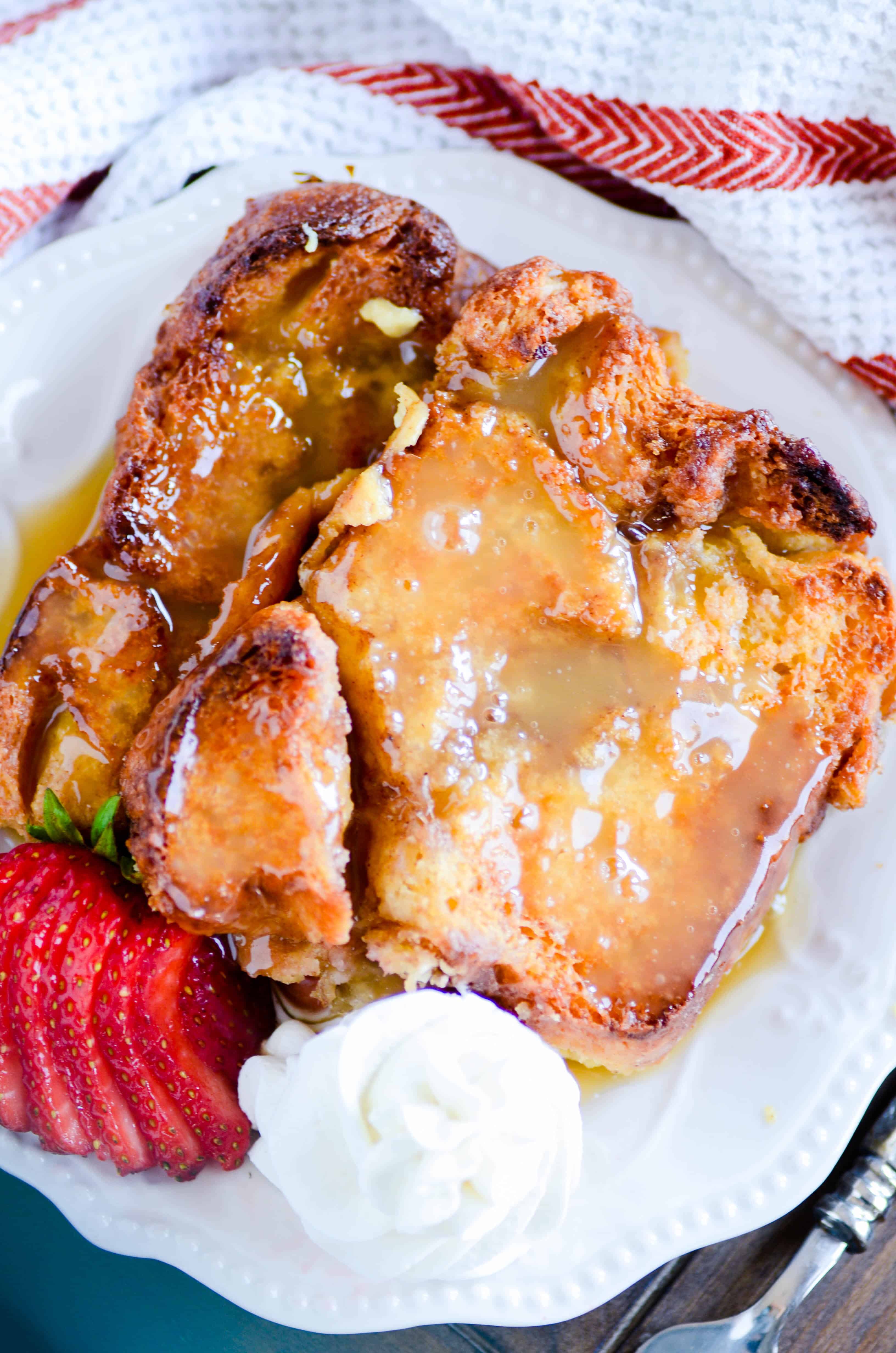 This is the superhero version of your favorite breakfast toast made with THICK slices of monkey bread, delicious cinnamon and brown sugar swirled throughout, and an unbelievable caramel syrup to top it off.