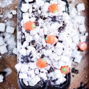 These Oreo-packed muddy buddies get a seasonal twist with pumpkin spice morsels!