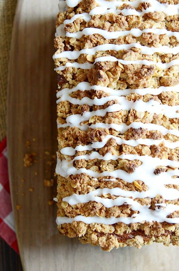 My favorite banana bread with a double batch of cinnamon streusel and icing on top. You won't want to eat banana bread any other way again!
