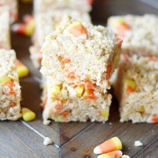 Peanut butter and candy corn are so yummy together. We love this recipe for PB Candy Corn rice krispies!