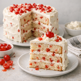 This homemade cherry chip cake recipe is SO dreamy! Tender pink crumb, maraschino cherries & fluffy buttercream. Way better than the box! 🍒