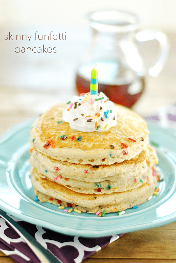 Skinny Funfetti Buttermilk Pancakes are fluffy, taste like cake, and are full of healthy oats that make for a great start to the day. Use a gluten-free baking powder to make these pancakes 100% delicious and GLUTEN-FREE!