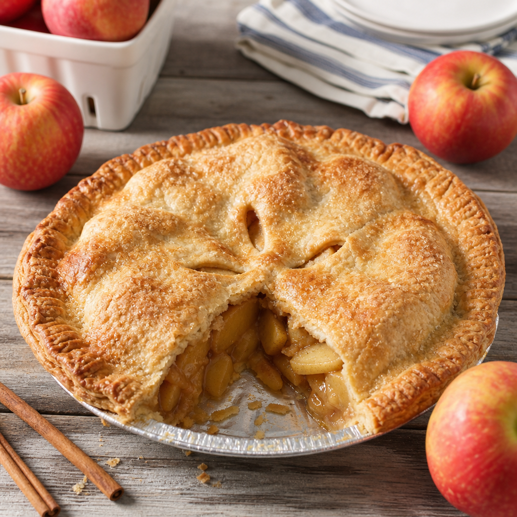 Golden Costco-style apple pie with flaky double crust on a rustic wooden table surrounded by fresh apples and cinnamon sticks