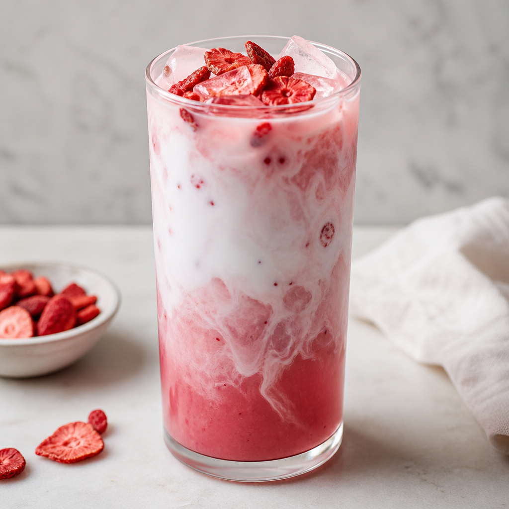 Homemade Starbucks Pink Drink in a tall clear glass with coconut milk swirling through pink strawberry acai base, topped with freeze-dried strawberries and ice