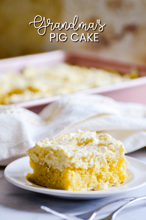 Buttery yellow pig cake filled with juicy mandarin oranges topped with a cool, creamy pineapple and whipped cream frosting
