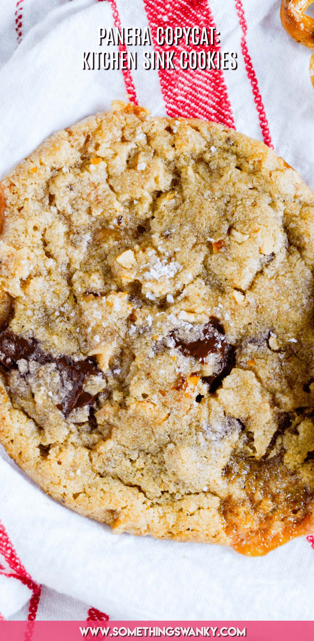 A perfect cookie filled with caramel, chocolate chunks, pretzels, and a sprinkle of flaky sea salt on top-- everything but the kitchen sink!