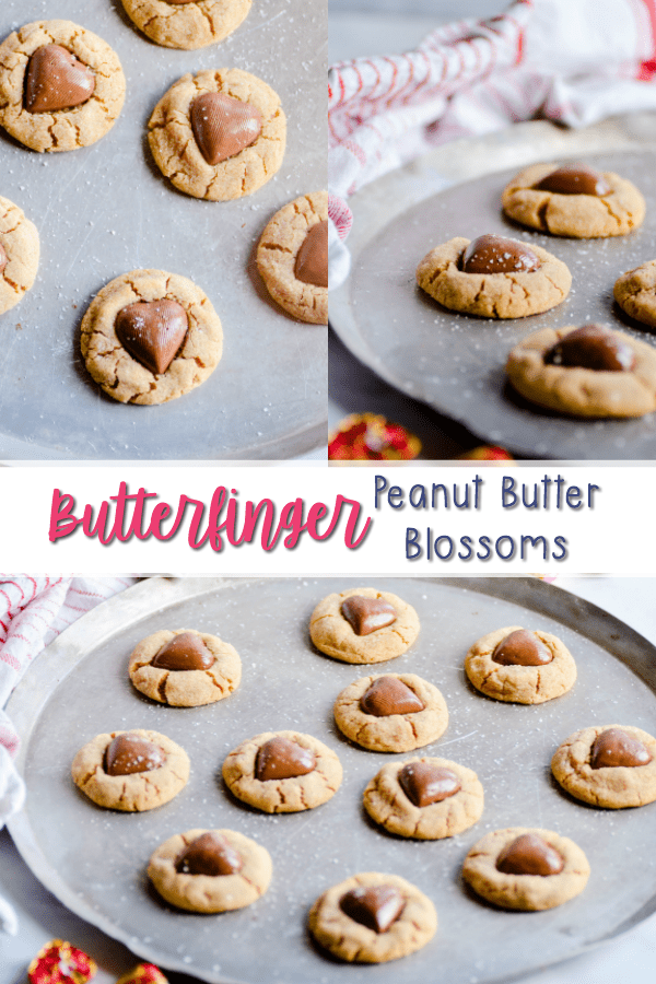 Simple 4-ingredient peanut butter blossoms made with Butterfinger hearts. This my favorite Valentine's day cookie, and we make them every year!