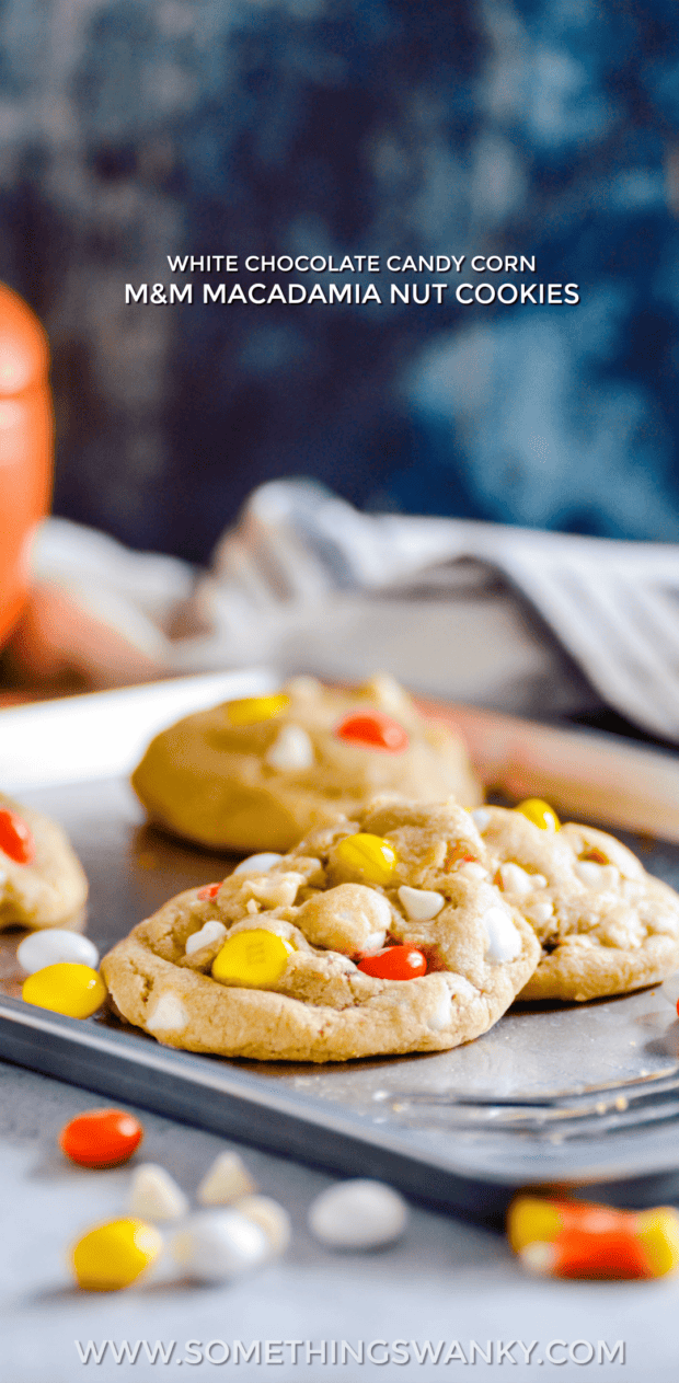 If you like white chocolate macadamia nut cookies, you'll fall in LOVE with these Candy Corn M&M Macadamia Nut Cookies.